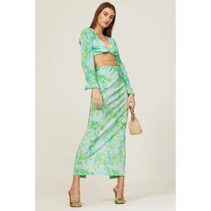 Third Form Sky Plisse Floral Two Piece Set Crop Top Maxi Skirt Blue Green 4 6